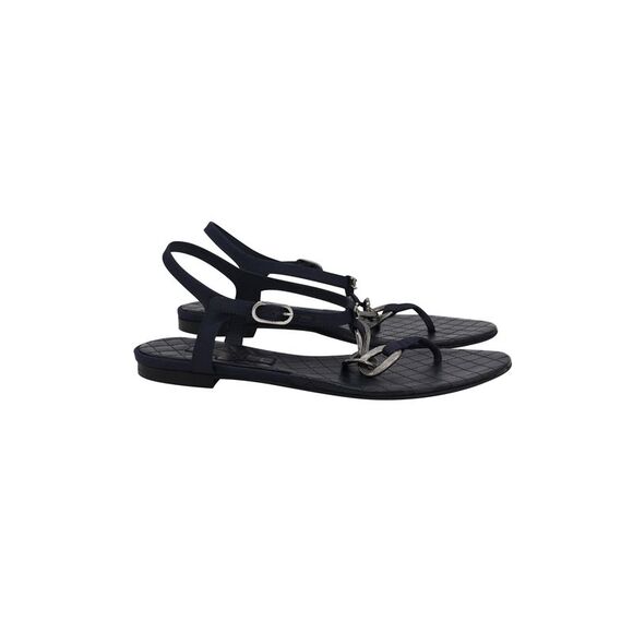 Chanel Chain Flat Ankle Strap Sandals in Navy Blue Leather - Picture 1 of 7